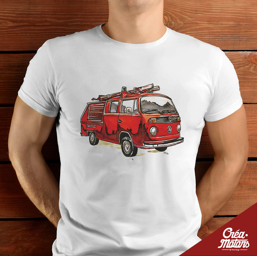 T-SHIRT - VW COMBI T2 POMPIER ROUGE